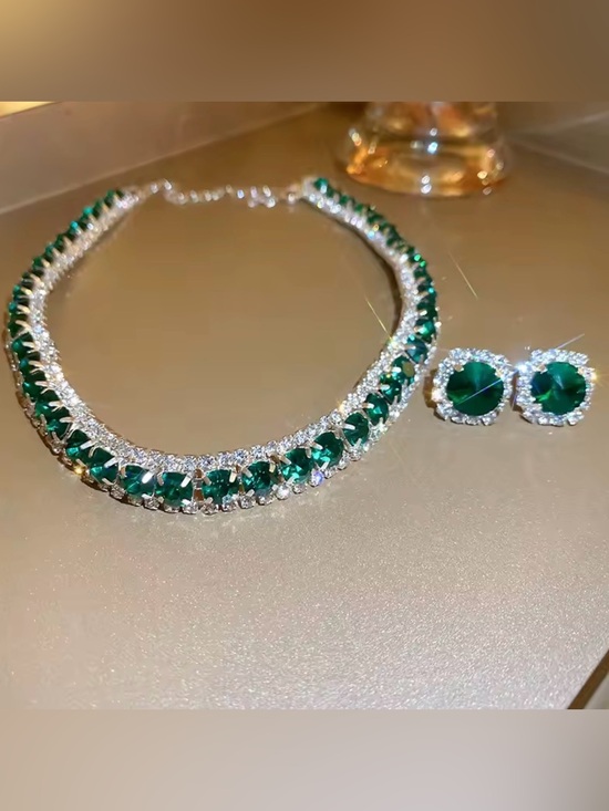 Macy's Jewelry - New Emerald Green Crystal Tennis Necklace and Stud Earrings Set - Women Jewelry